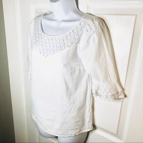 Modcloth White Cotton Short Sleeve Blouse Puff Sleeves Daisy Print Lace White XS - Picture 7 of 11